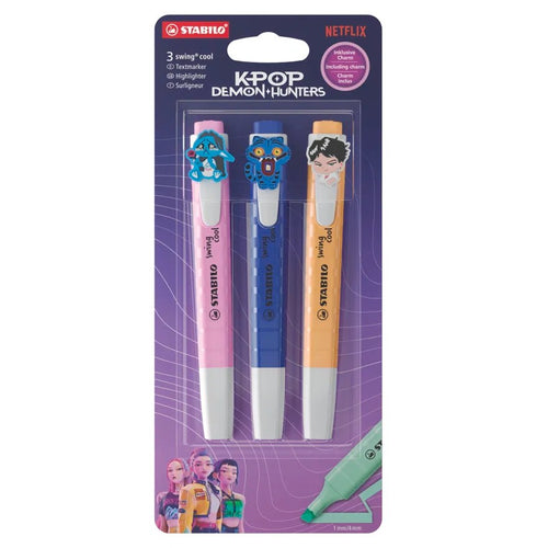 Textmarker STABILO swing cool KPop Demon Hunters 3er Blister mit Design-Charms von Jinu, Derpy und einem Dämonenbaby