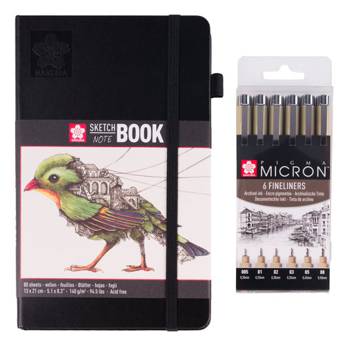 Sakura Pigma Micron Set 6 Black + Sketchbook 21 x 13 cm