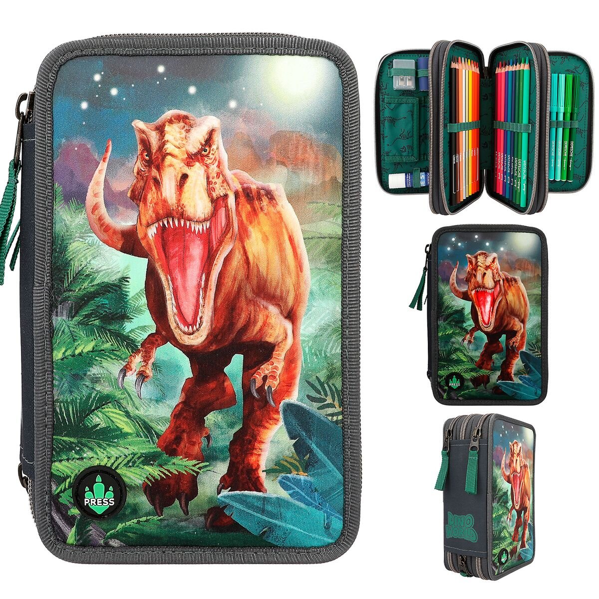 Depesche Dino World 3-Fach Federtasche LED grau