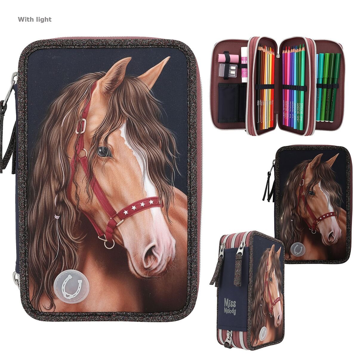 Depesche Miss Melody 3 Fach Federtasche LED GLITTER HORSE
