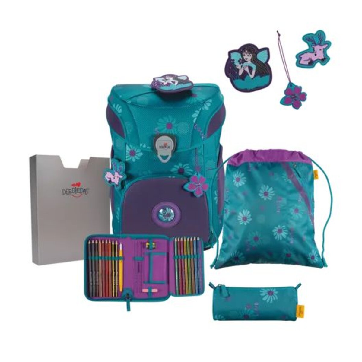 DerDieDas Schulranzen-Set ErgoFlex Easy Exklusiv Superflash Fairy Flower, 5-teilig