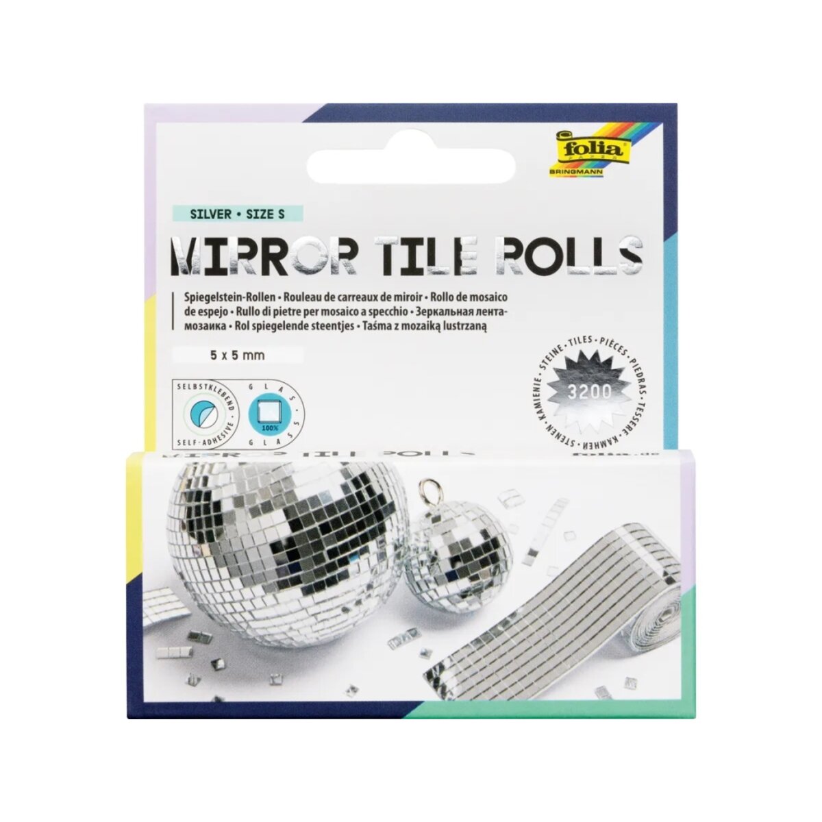 folia Mirror Tile Rolls Size S, Spiegelsteine Rollen,Steine 5 x 5 mm, 2 Rollen á 4 cm x 1 m
