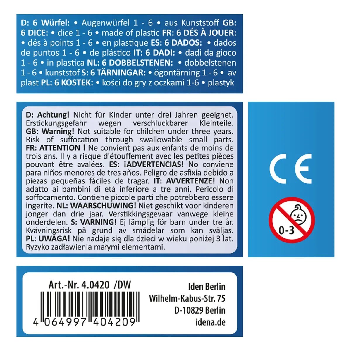 Idena 40420 Würfel, 6 Stück, ca. 16 mm, bunt