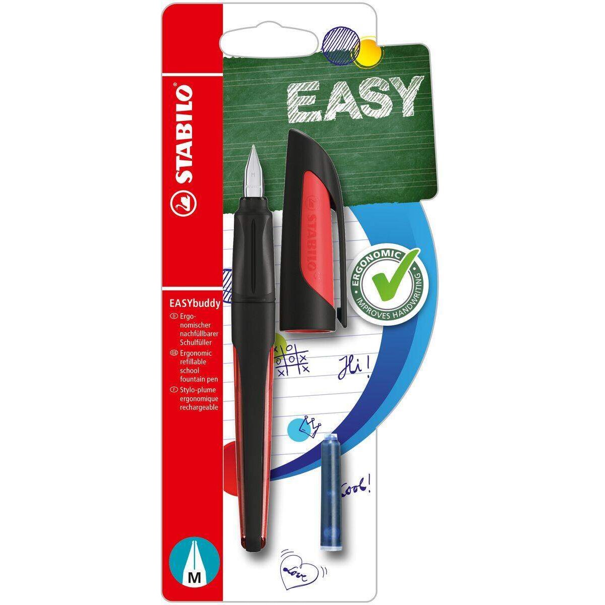 Schulfüller mit Standard-Feder M - STABILO EASYbuddy in schwarz/rot - Schreibfarbe blau (löschbar) - Einzelstift - inklusive Patrone