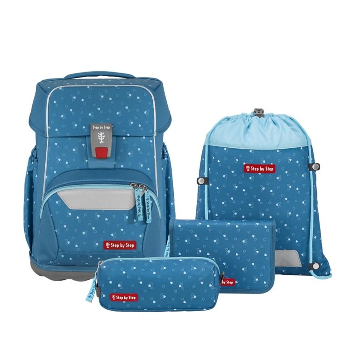 Step by Step BASIS Schulranzen-Set Blue Hearts, 4-teilig