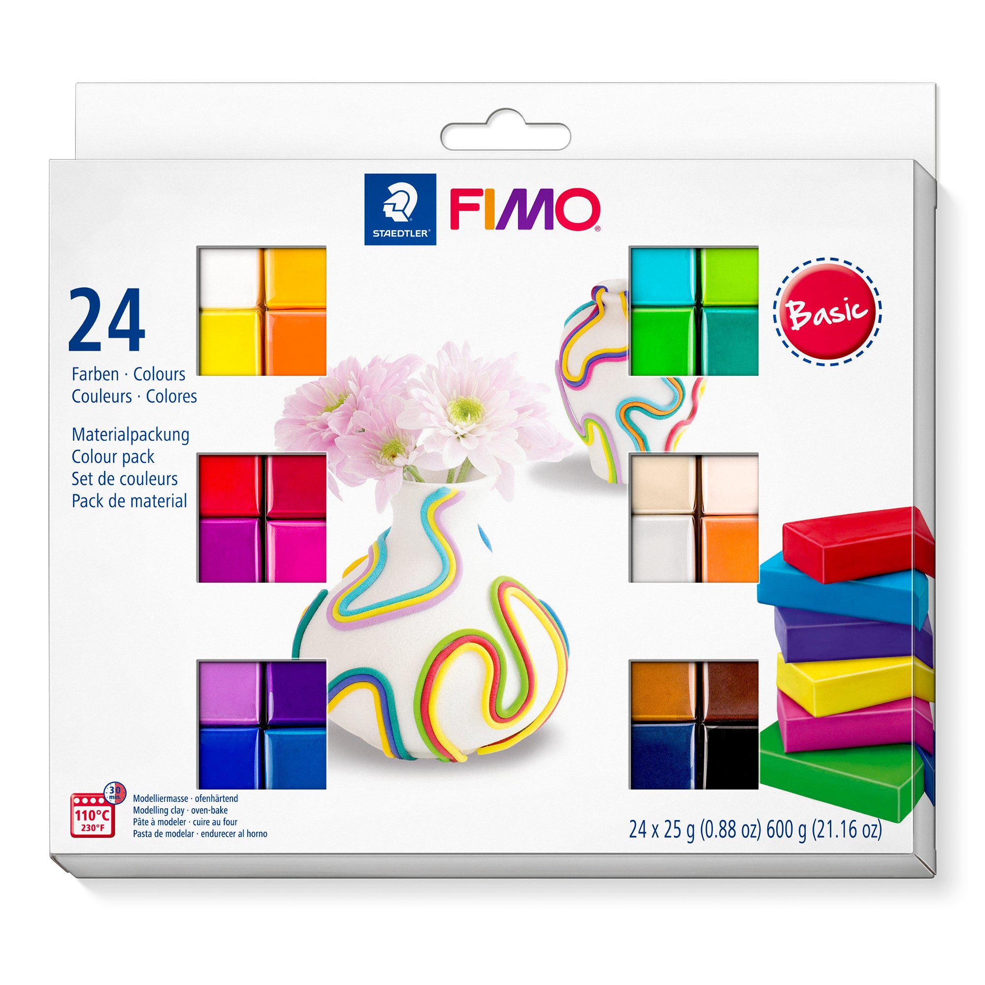 STAEDTLER® FIMO® soft 8023 C ofenhärtende Modelliermasse, Materialpackung "Basic Colours" mit 24 Halbblöcken je 25g