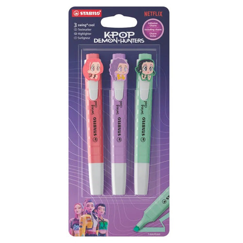 Textmarker STABILO swing cool KPop Demon Hunters 3er Blister mit Design-Charms von Rumi, Mira und Zoey