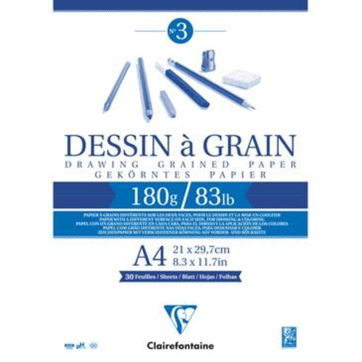 Clairefontaine Zeichenblock kopfseitig geleimt DESSIN A GRAIN, DIN A4 21x29,7cm, 30 Blatt, 180g