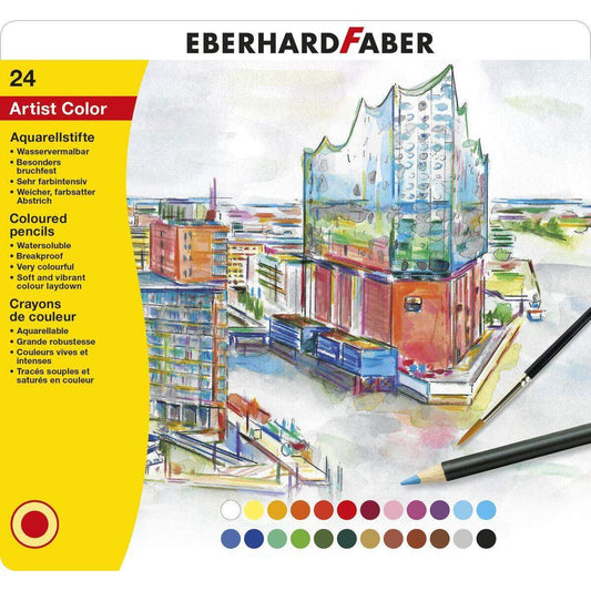 Eberhard Faber Aquarellbuntstifte Metalletui mit Pinsel, 24 Stück