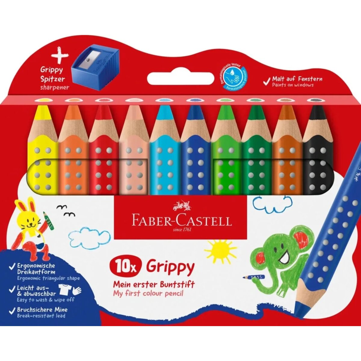 Faber-Castell Buntstift Grippy 10er Set mit Spitzer und weicher XXL Jumbo Mine