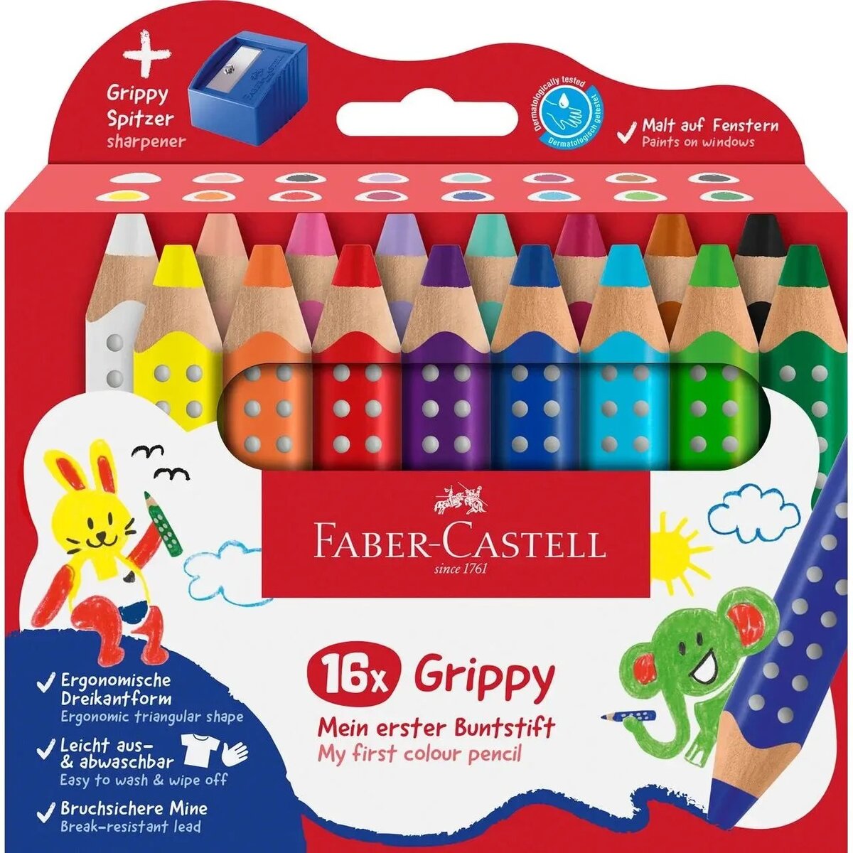 Faber-Castell Buntstift Grippy 16er Set mit Spitzer und weicher XXL Jumbo Mine