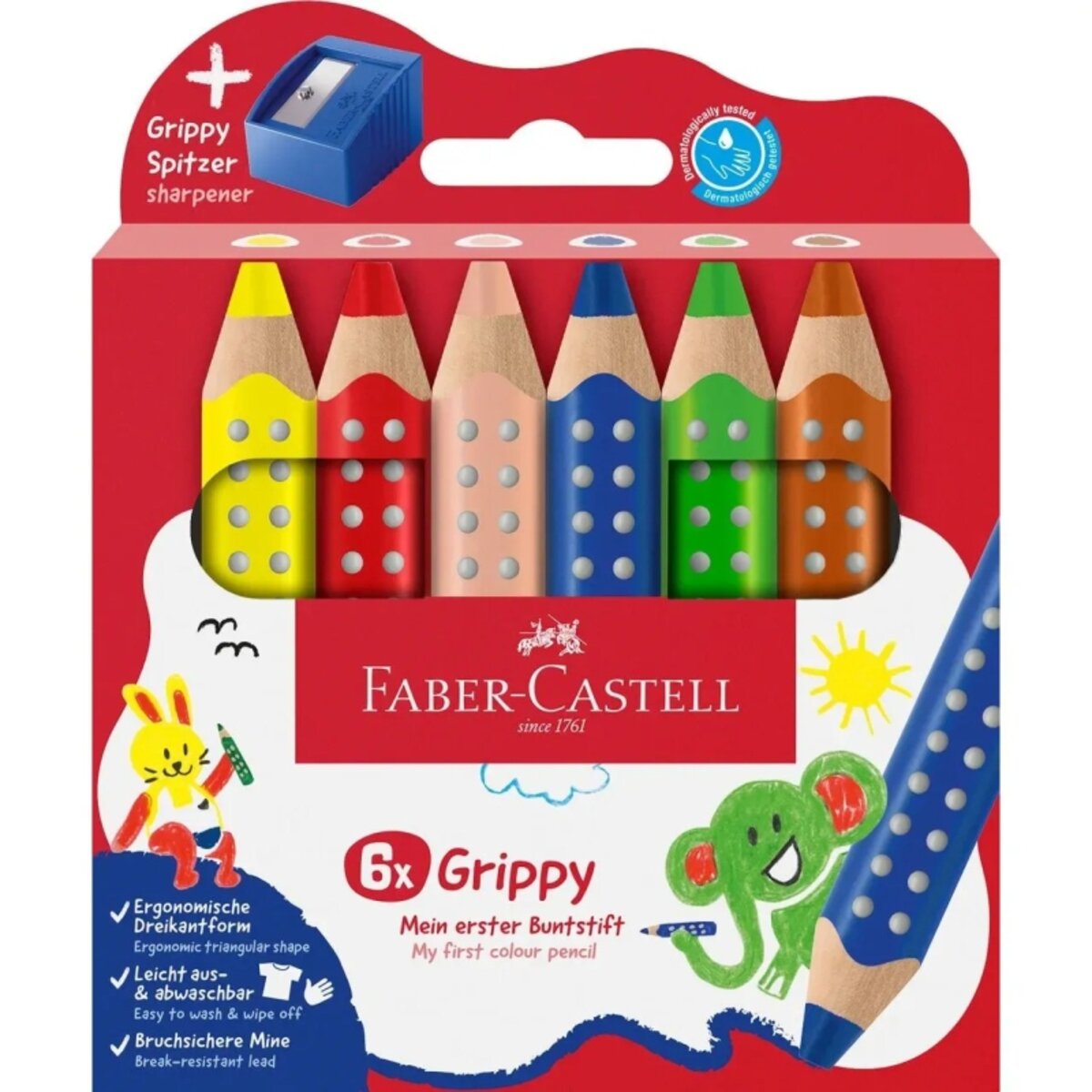 Faber-Castell Buntstift Grippy 6er Set mit Spitzer und weicher XXL Jumbomine