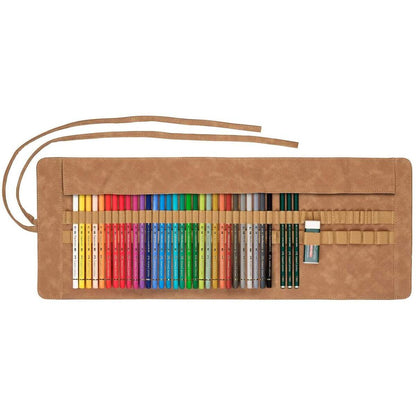 Faber-Castell Farbstift Polychromos, 30er Set mit Stifterolle aus Leder und Zubehör