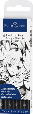Faber-Castell Tuschestift Pitt Artist Pen Manga, Schreibfarbe schwarz mit verschiedenen Spitzen, 4er Etui