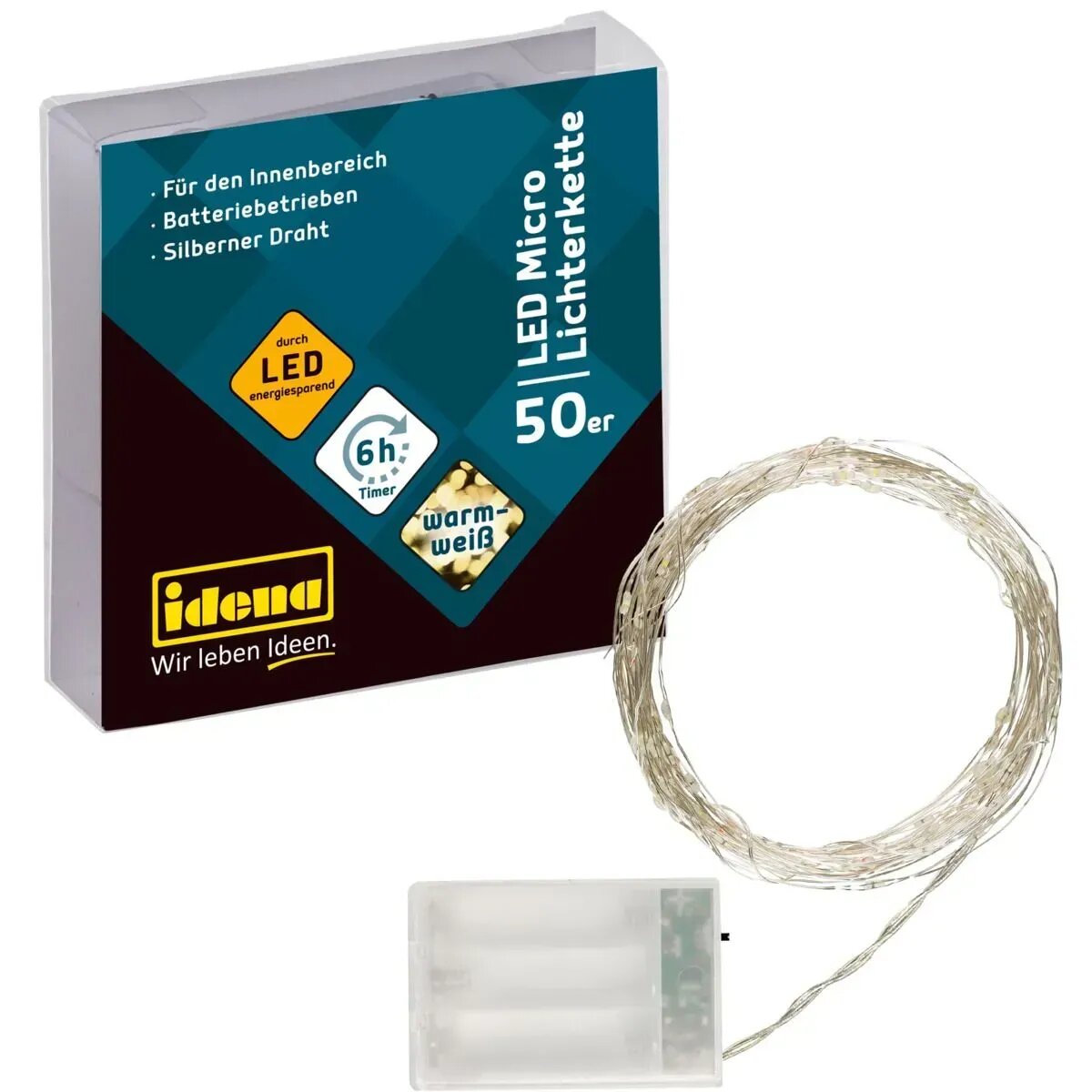 Idena Lichterkette 50 LED warmweiß 6h Timer 5,2m