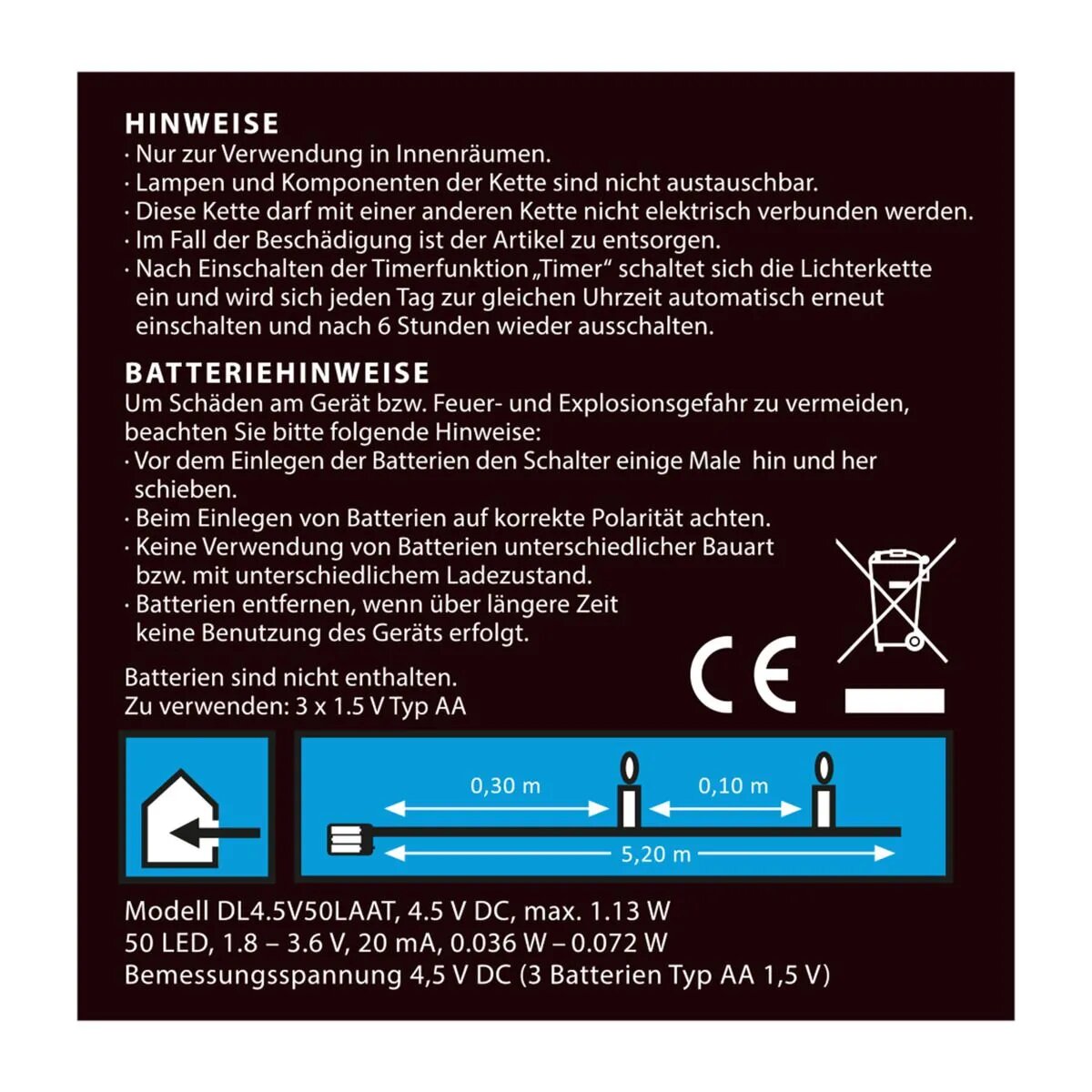 Idena Lichterkette 50 LED warmweiß 6h Timer 5,2m