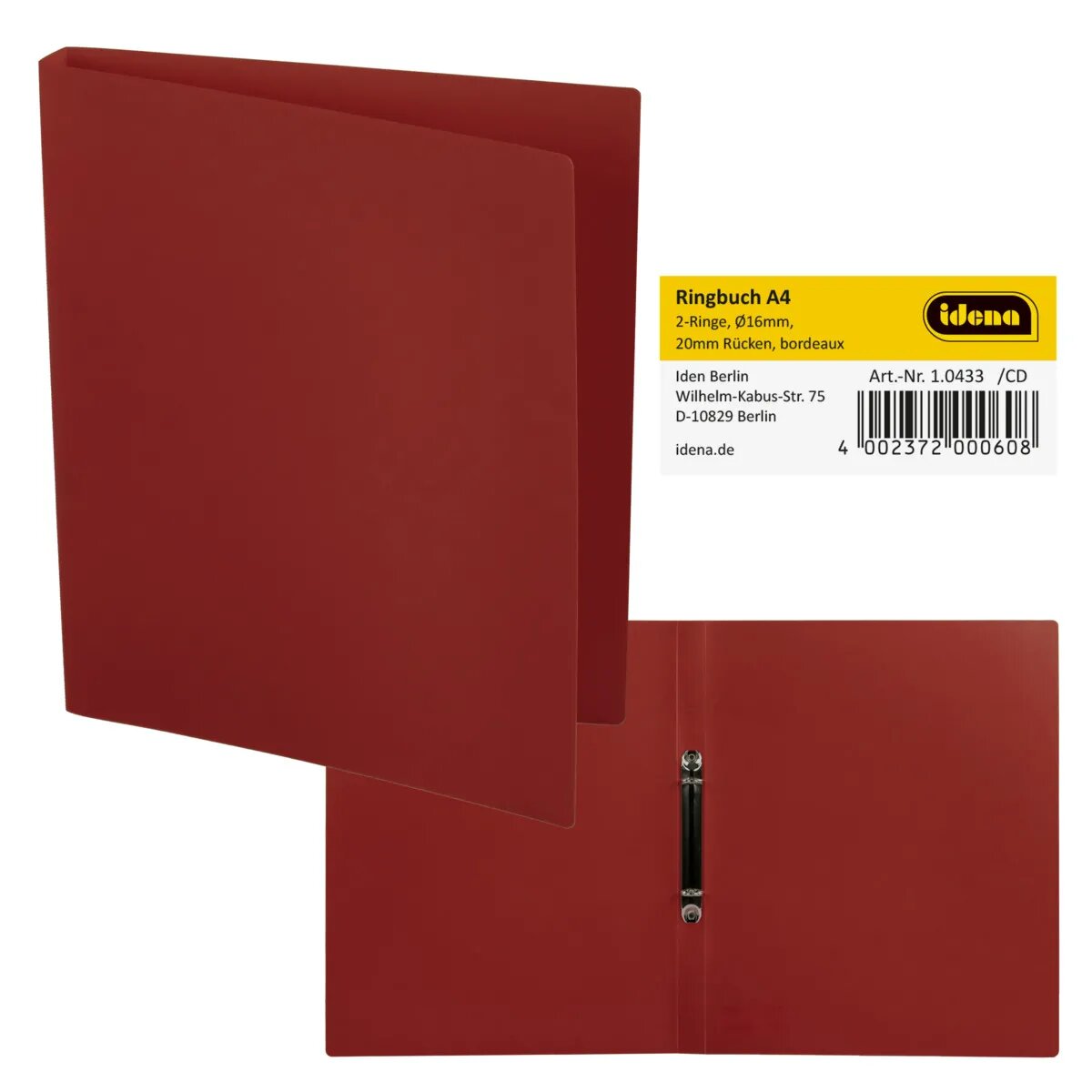 Idena Ringbuch aus Kunststoff 2 Ringe bordeaux DIN A4 Rückenbreite 2cm