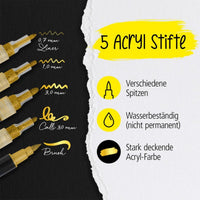 ONLINE Gold Lettering Set mit Acryl Marker, Fineliner und Brushpen, 5 Stifte - Detailansicht