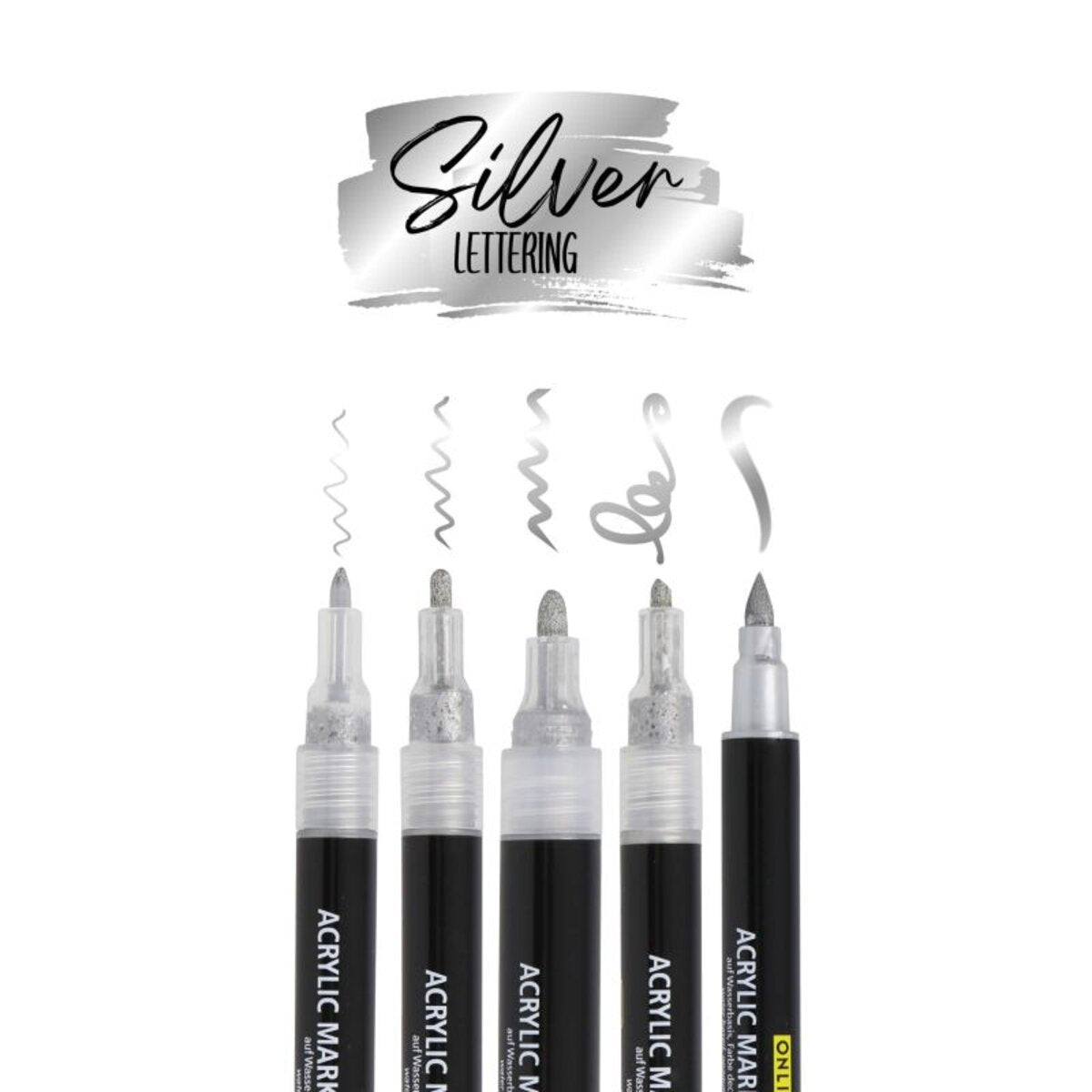 ONLINE Silver Lettering Set mit Acryl Marker, Fineliner und Brushpen, 5 Stifte