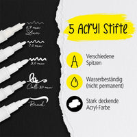 ONLINE White Lettering Set mit Acryl Marker, Fineliner und Brushpen, 5 Stifte - Detailansicht