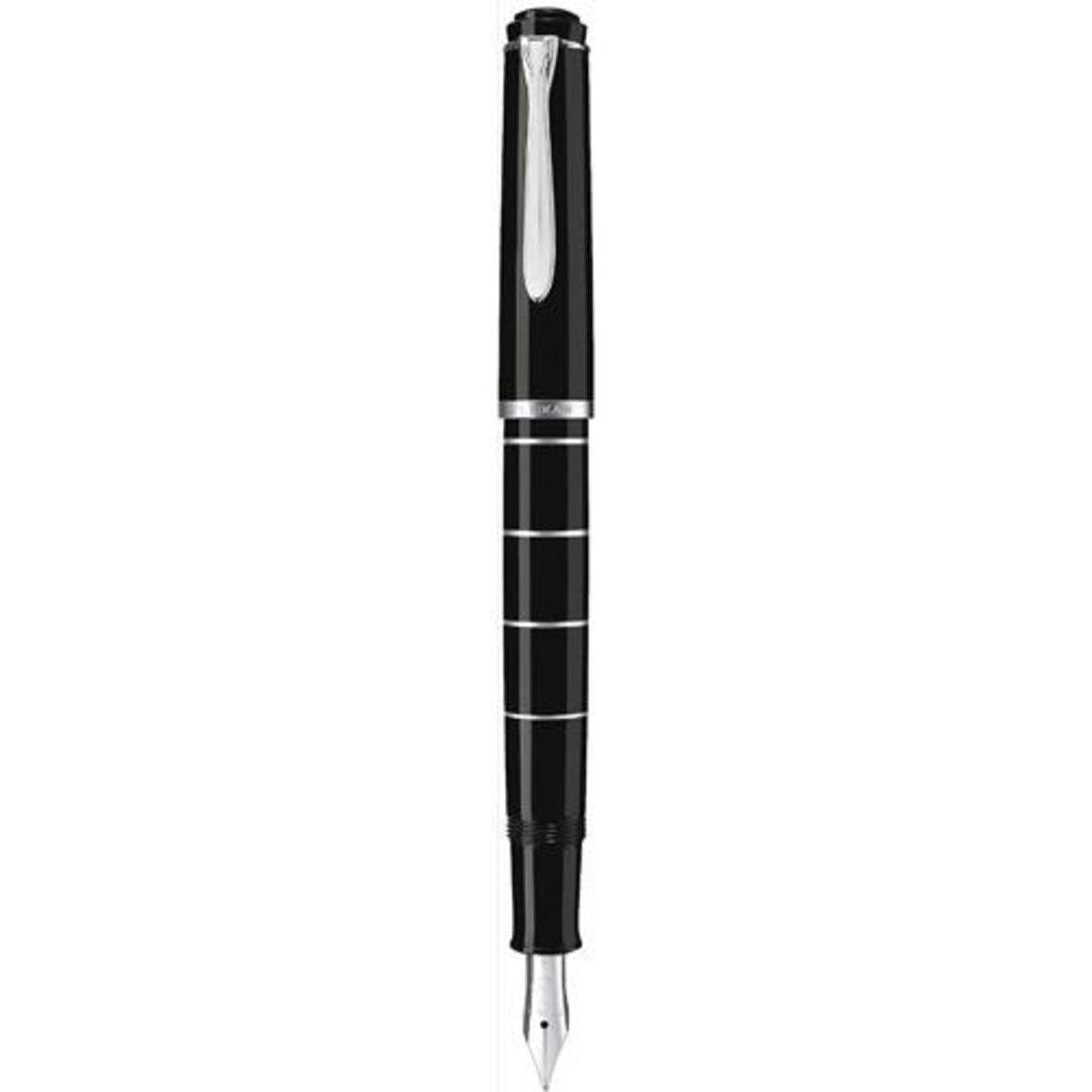 Pelikan Kolbenfüllhalter Classic M 215 Schwarz-Silber Ringe Edelstahlfeder Federbreite F