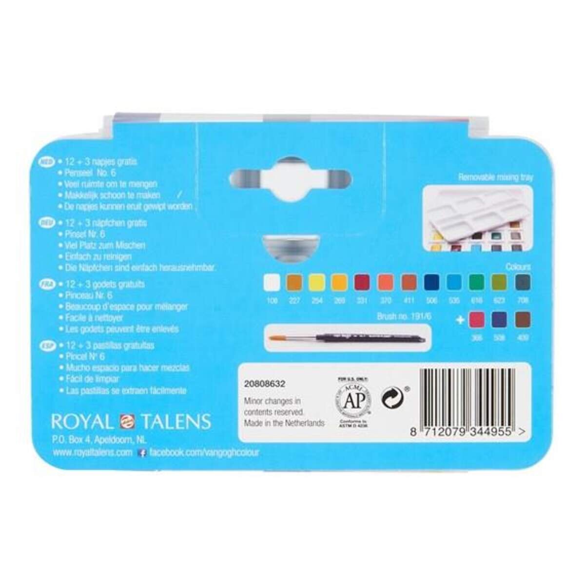 Royal Talens Van Gogh Basiskasten Aquarellfarben mit 12 Farben in Halbschalen + 3 Farben gratis