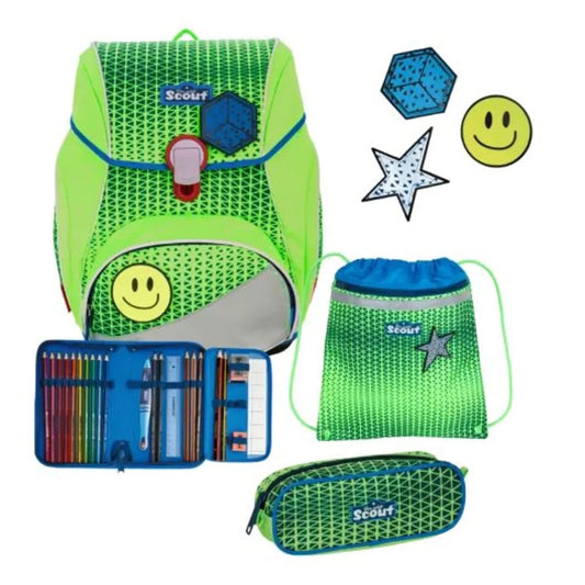 Scout Schulranzen-Set Alpha DIN Neon Safety Green Gecko, 4-teilig