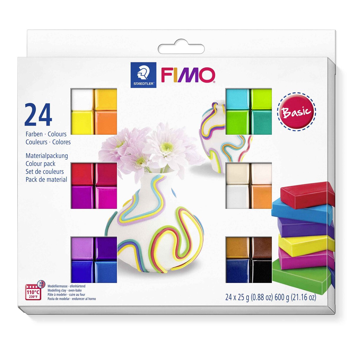 STAEDTLER® FIMO® soft 8023 C ofenhärtende Modelliermasse, Materialpackung "Basic Colours" mit 24 Halbblöcken je 25g