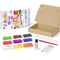 STAEDTLER® FIMO® soft 8023 ofenhärtende Modelliermasse, Materialpackung "Basic Set", 9 Halbblöcken 25g, 1 Glanzlack, 2 Modellierwerkzeuge - Detailansicht