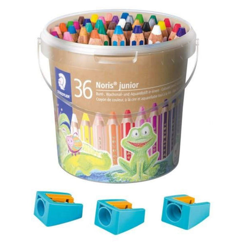 STAEDTLER® Noris® junior 140 Kindermalstift 3 in 1, Eimer mit 36 Malstiften in 18 sortierten Farben und 3 Spitzern
