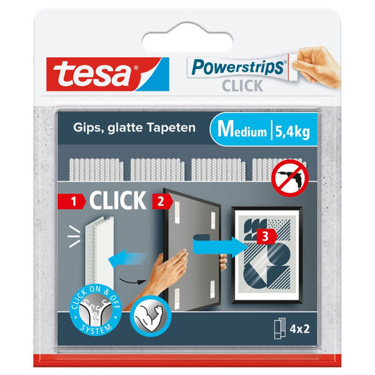 tesa® Powerstrips CLICK SMALL, 1,8 kg, selbstklebende Klettband-Streifen, 4x2 Strips