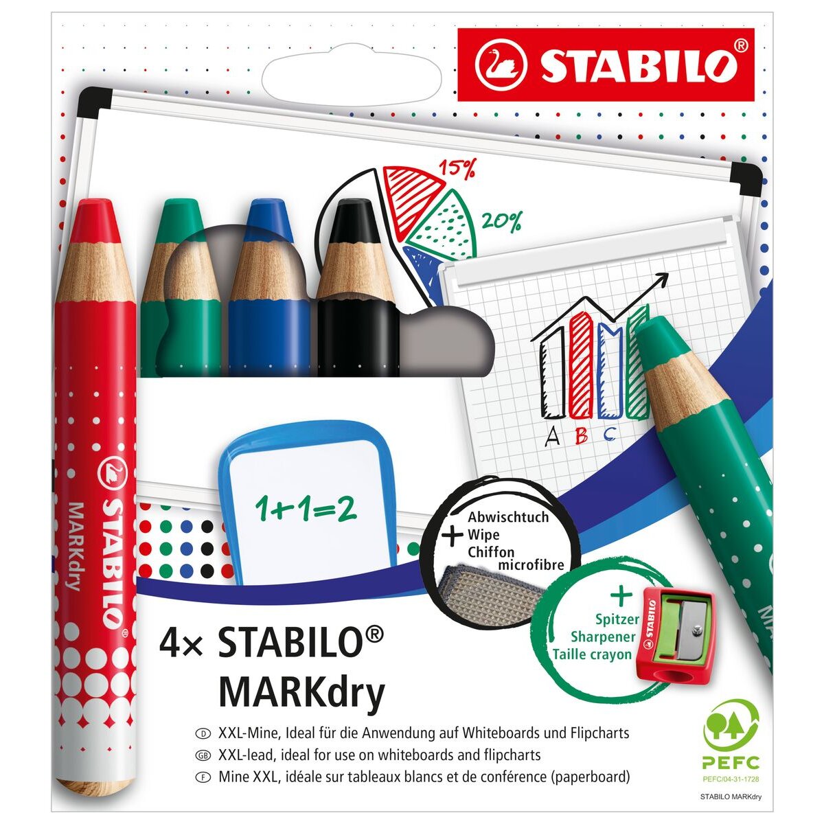 STABILO 4er Pack MARKdry Whiteboard- und Flipchartmarker mit Spitzer und Abwischtuch - in vier verschiedenen Farben