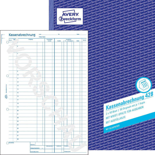 Avery Zweckform 428 Kassenabrechnung, MwSt.-Spalte für Ausgaben, A4, mit Blaupapier, 2x50 Blatt