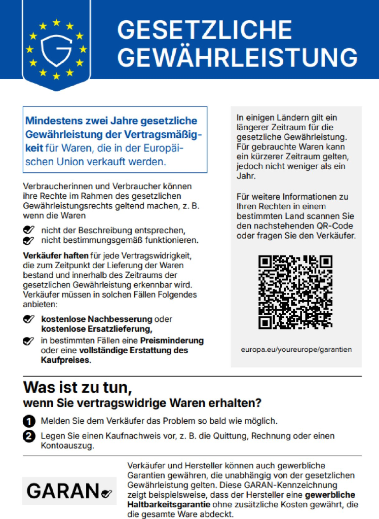 Gesetzliche Gewährleistung - Harmonisierte Mitteilung der Europäischen Union gem. DVO (EU) 2025/1960